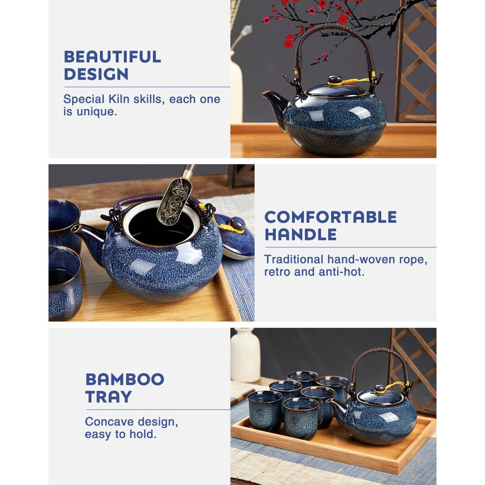 Набір чайний сервіз з порцеляни DUJUST, японський стиль, блакитний колір