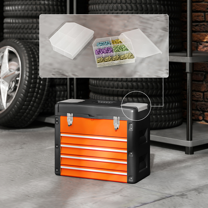 Набір інструментів порожній, 49,7 x 25,3 x 40,7 см. Ящик для інструментів з 4 висувними ящиками, міні-бокс зі сталі, помаранчевий.