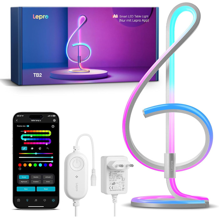 Lepro AI розумна настільна лампа TB2 з персоналізованим AI-дизайном освітлення, синхронізація з музикою/керування через додаток, регулювання яскравості, RGB+IC технологія, сумісна з Alexa/Google, без пульта керування, дизайн 'Скрябін'
