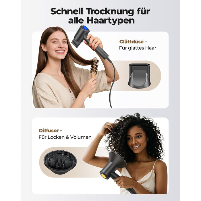 Іонний фен для волосся з дифузором, професійний стайлер 150 000 об/хв, 8 режимів температури з LED-дисплеєм, для кучерявого та густого волосся, чорний