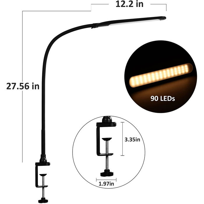 Світлодіодна настільна лампа Hokone, затискна лампа з гусячою шиєю, архітектурна лампа з поворотним важелем, Офісна настільна лампа для захисту очей, 4 колірних режиму * 5 рівнів яскравості, сенсорне управління потужністю 10 Вт, матовий чорний (T2-чорний)