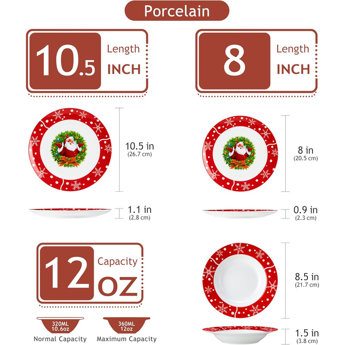 Порцеляновий різдвяний набір посуду на 6 персон - тарілки, десертні та супові тарілки, 18 шт.