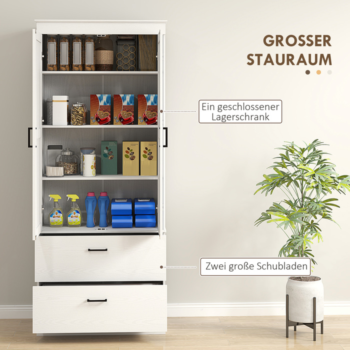 Вільно стояча кухонна шафа з регульованими полицями та двома широкими висувними ящиками для вітальні, кухні, білий