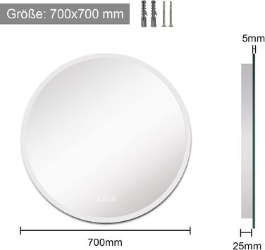 Дзеркало для ванної кімнати Furduzz LED з підсвічуванням, 700 мм, сенсорне керування, диммування, 3 кольори, проти запотівання, пам'ять, 70x70 см