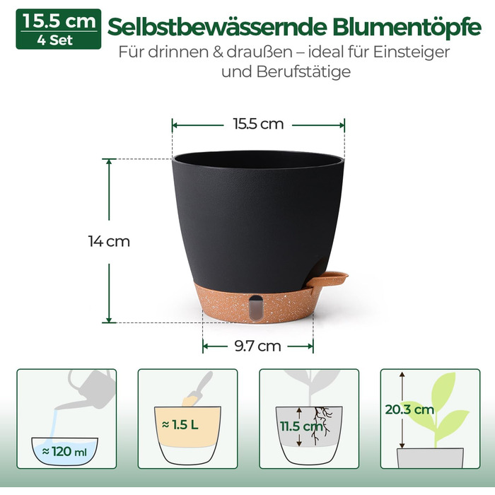 Набір 4 самополивні горщики T4U 15 см з індикатором рівня води, для дому та саду, чорний