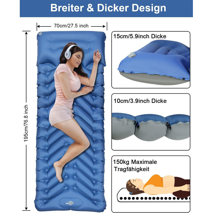 Спальний килимок для кемпінгу самонадувний, надувний надувний матрац Спальний килимок на відкритому повітрі з ножним насосом, надлегкий спальний килимок для кемпінгу, складний килимок для сну з подушкою для синього кольору