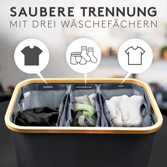 Кошик для білизни з кришкою 145L, водовідштовхуючий, 3 відділення, знімні мішки для білизни, складна коробка для білизни з інструкціями по пранню