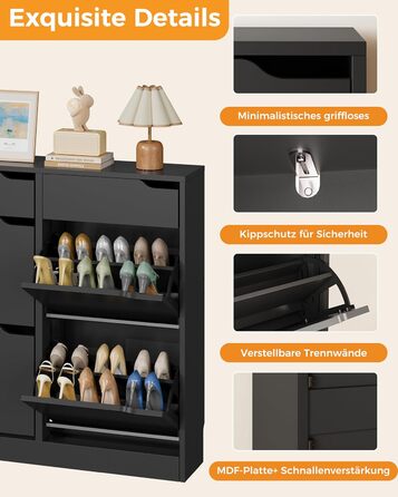 Шкаф для взуття IRONCK з 4 дверцятами, вузький, з 2 висувними ящиками, окремо стоячий, з регульованими перегородками, для передпокою, входу та вітальні (Білий) Білий (100x23.5x98см, Чорний)