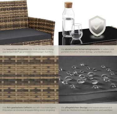 Набір садово-розкладних меблів tectake® з ротангу: банкетка, 2 крісла, столик, подушки, для балкона/тераси