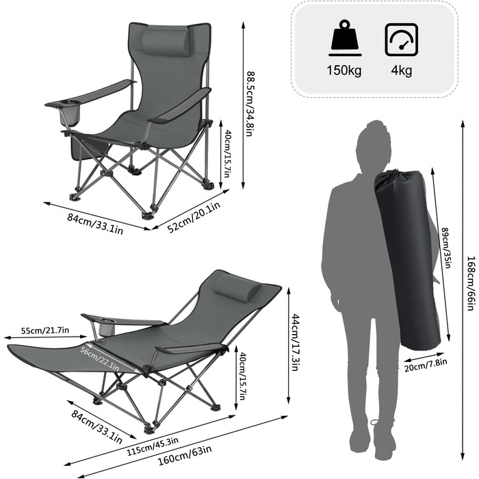 Набір з 2 кемпінгових крісел складний, розкладний стілець Шезлонг для вулиці, рибальське крісло Сонцезахисне крісло ультралегке з підлокітниками та підстаканником CPS8148bl-2 (сірий)
