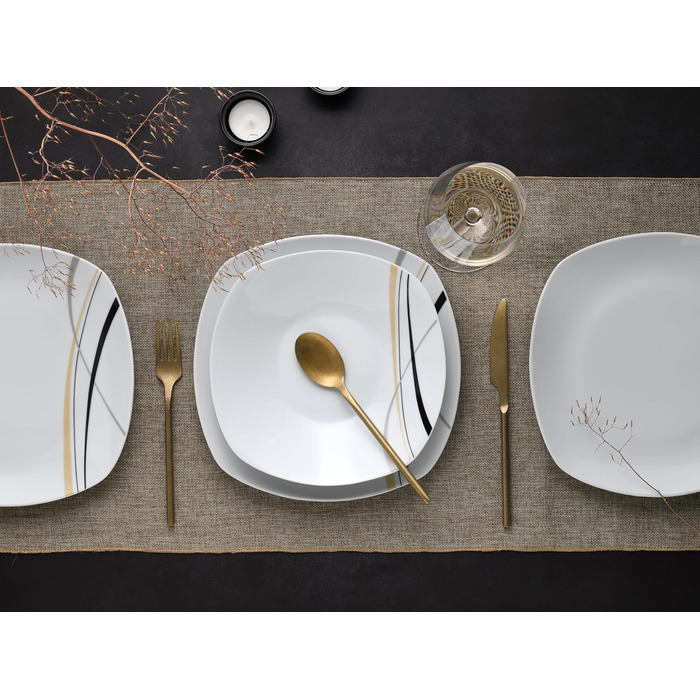 CreaTable Серія Square City Line: 18-частинний набір посуду для 6 осіб (12 тарілок), кавовий сервіз з порцеляни, придатний для миття в посудомийній машині та використання в мікрохвильовій печі, преміум-якість