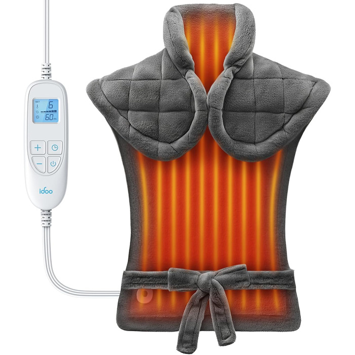 Електрична грілка iDOO 61x84 см з автовимкненням, для спини, шиї, плечей, 6 рівнів нагріву, таймер, сірий фланель, пральна