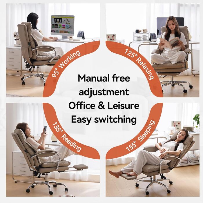 Офісний крісло EMIAH з підставкою для ніг, ергономічний крісло для офісу та дому, комп'ютерне крісло з PU шкіри, з підлокітниками та роликами (Хакі)
