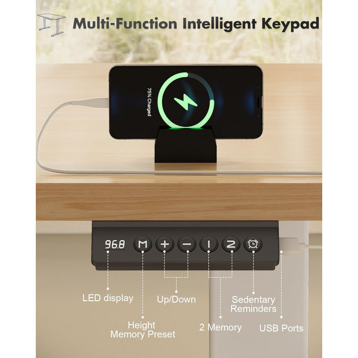 Регульований стіл JUMMICO з USB-портом для зарядки, електричний, 120 x 60 см (Бежевий)