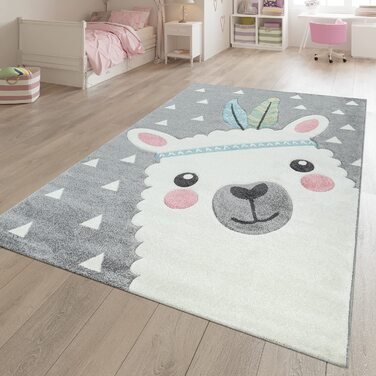 Домашній дитячий килимок TT з малюнком сірої альпаки 3-D дизайнерський міцний пухнастий м'який короткий ворс, розмір 120x170 см (діаметр 133 см в квадраті)