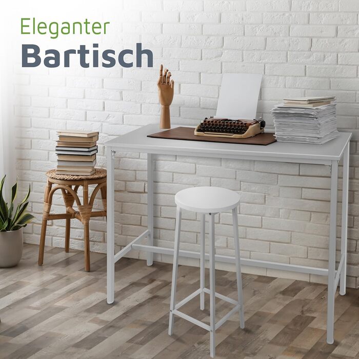 Барний стіл BeFair з дуба та білого кольору, 120x40x100 см, з підніжкою, індустріальний дизайн, металеві ніжки – комфорт та стабільність