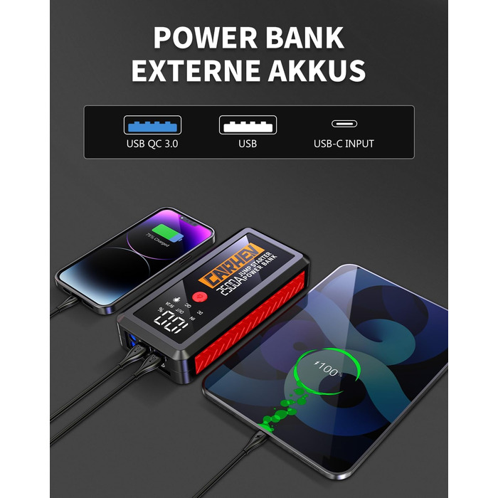 Powerbank для авто Starthilfe 5000A: зарядний пристрій, бустер, 12V, 8.0L бензин/дизель, USB, LED ліхтарик