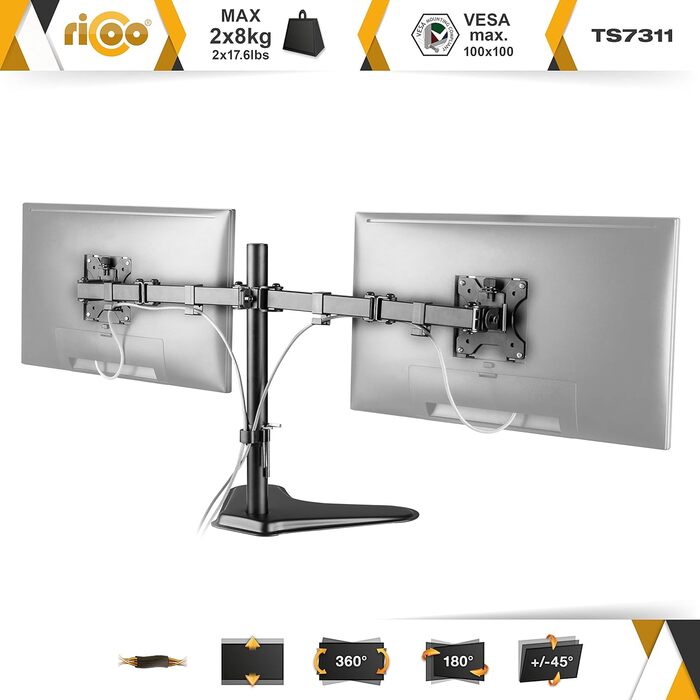 Підставка для монітора RICOO на 2 монітори, Dual Monitor Arm, TS3811, для 17-27 дюймів, PC Gaming, стіл