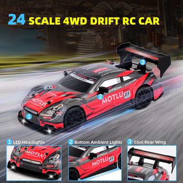 RC Дрифт-кар 1:24 4WD 2.4GHz, радіокерування, 2 батареї, LED, червоно-чорний, для дітей