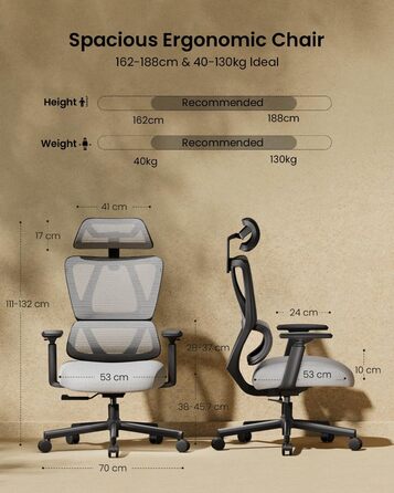 Офісний крісло ProtoArc EC100 сірого кольору з товстим пружинним сидінням, підтримкою попереку, регульованими підлокітниками та підголівником, сітчасте крісло для дому та офісу