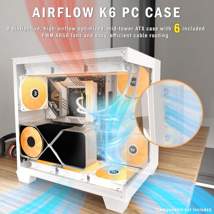 Ігровий корпус KEDIERS G500 білий ATX Mid Tower з 6 ARGB вентиляторами та подвійним загартованим склом
