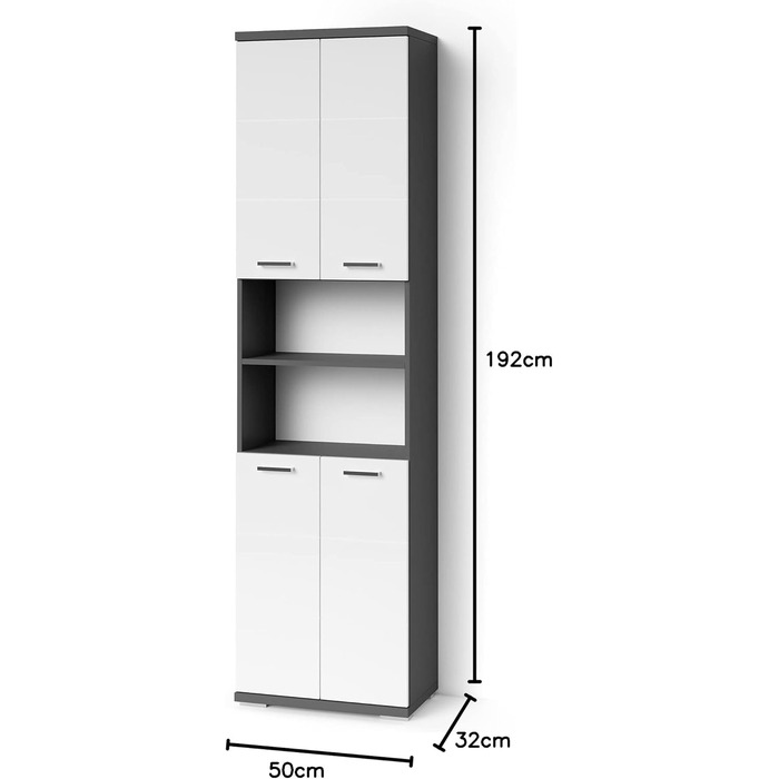 Висока шафа Небраска, антрацит/білий, 4 дверцята, відкритий елемент, багато місця для зберігання, W50 H192 D31.5 см