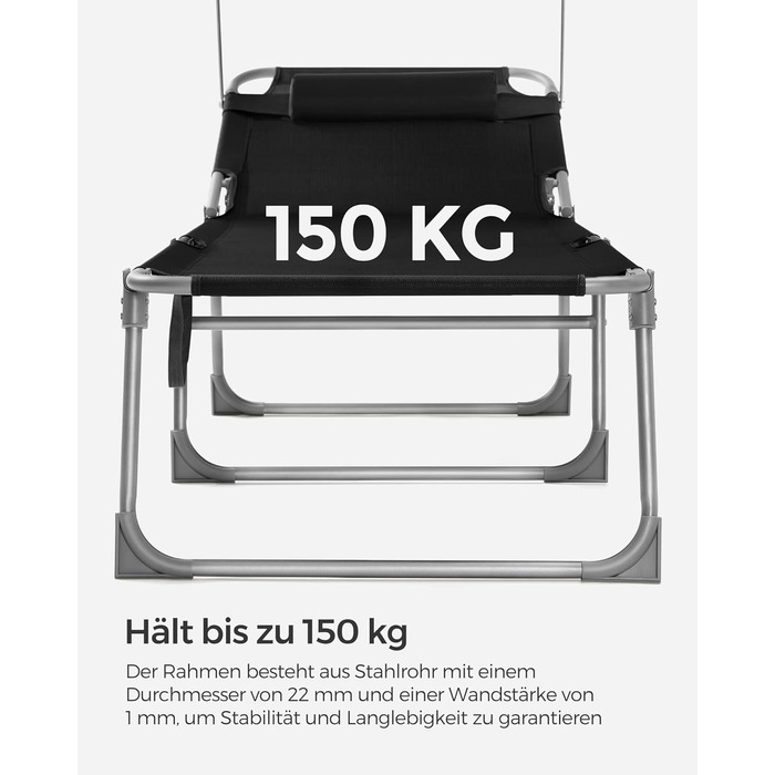 Лежак для відпочинку SONGMICS, розкладний, 193 x 53 x 29 см, до 150 кг, захист від сонця, подушка, регульована спинка, для саду, басейну, тераси (Чорний)