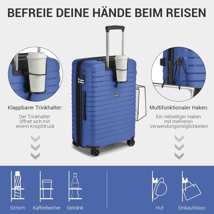 Чохол KONO середнього розміру з жорсткою обшивкою, валіза з 4 колесами, розширювана, легка, з тримачем для напоїв та TSA замком (зелений, L)