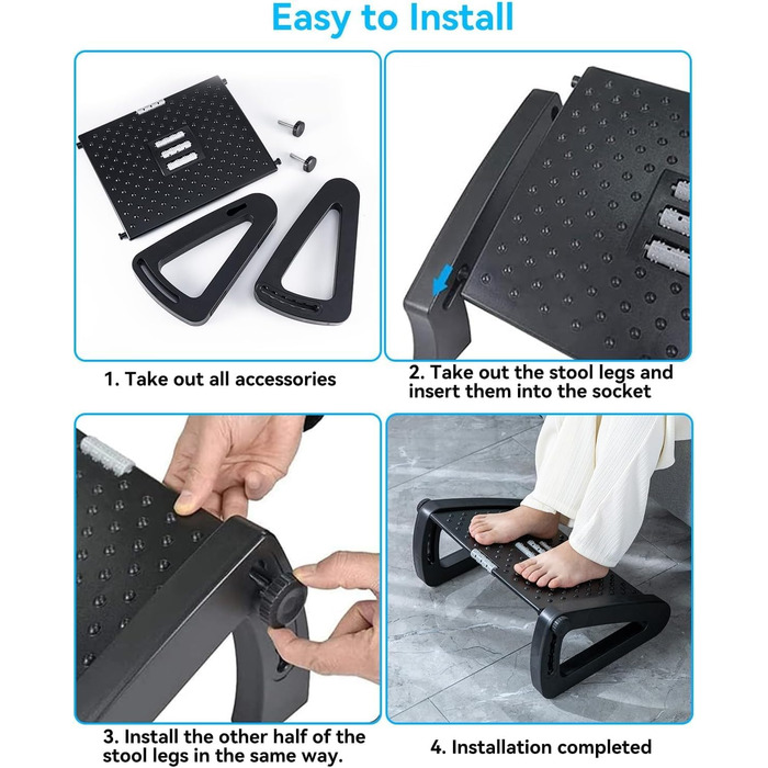 Підніжка для столу з регулюванням висоти та кута на 6 рівнів, з масажем, протиковзка, для зняття болю в ногах, колінах та спині, ідеальна для дому, офісу та подорожей, з трьома ніжками