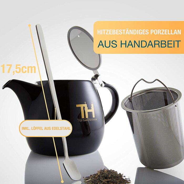 Чайник Thiru з ручкою для заварки - 1200 мл - порцеляновий чайник преміум-класу ручної роботи, модель 2022 року, з інкрустацією. Вставка з нержавіючої сталі (м