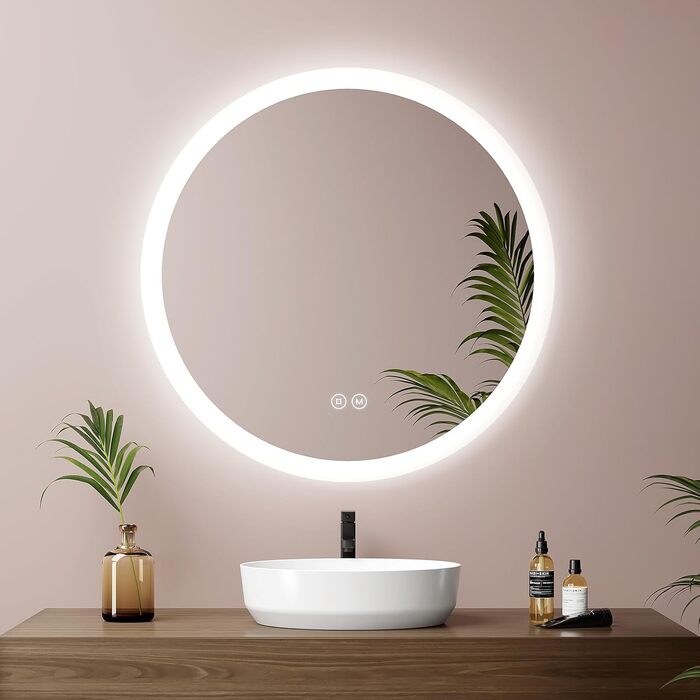 Дзеркало для ванної кімнати EMKE з підсвічуванням 80x60 см, сенсорне управління, антизапар, 3 кольори світла, регулювання яскравості, функція пам'яті, енергозбереження