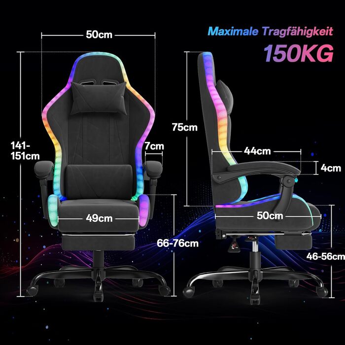 Ігровий крісло JUMMICO з тканини та LED підсвічуванням, ергономічний офісний стілець з масажем попереку та підставкою для ніг, регулювання 90°-135°, максимальне навантаження 150 кг, темно-сірий колір