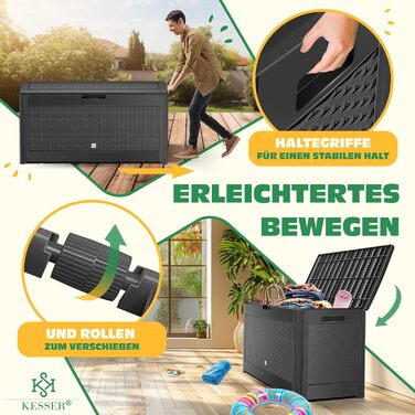 Скриня для подушок KESSER 310л з роликами, замком та автоматичним підйомником, антрацит. Садова водонепроникна скриня для зберігання речей, ратан-ефект