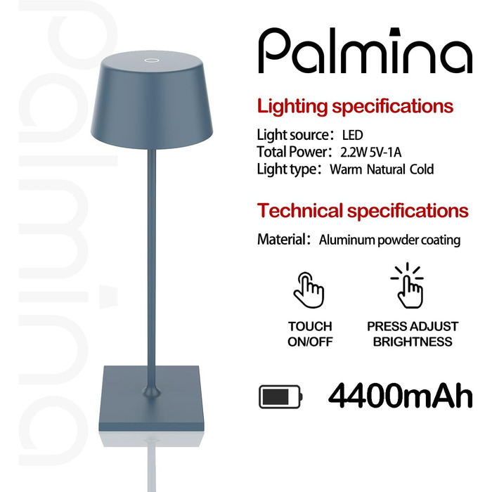 LED настільна лампа Palmina 842 з диммуванням, акумулятор 4400mAh, IP54, для дому та саду, блакитна