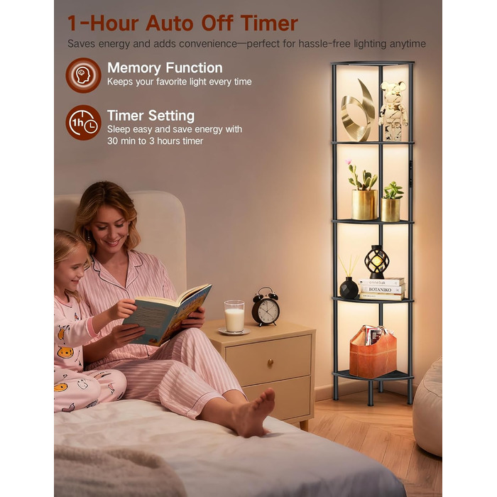 LED торшер з полицею, 3 режими світла, димування (сенсор/пульт), кутова полиця 5 рівнів, вузька книжкова шафа для вітальні, спальні, офісу, чорний