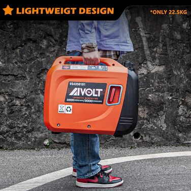 Інверторний генератор AIVOLT 1400W: бензиновий, тихий, для кемпінгу, фестивалів та дому. 2 USB, 12V DC та 230V розетки (3200W пікова потужність)