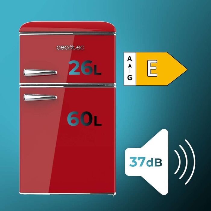 Холодильник Cecotec Bolero CoolMarket 2D Origin 86L - Retro, 89.3 x 48.7 см, 86 л, Клас E, з Ice Box, внутрішнім освітленням та хромованим ручками