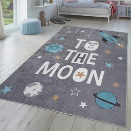 Дитячий килим tt Home, плоска тканина для дитячої кімнати, з ракетним мотивом і висловом, сірий, Розмір (120x160 см)