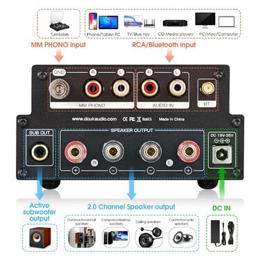 Ламповий підсилювач Douk Audio X1, HiFi Bluetooth 5.0, GE5654, MM Phono, 160 Втx2, регулювання високих і низьких частот