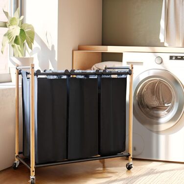 Сортувальник для білизни Storage Maniac з 3 відділеннями, 136 л, з міцними колесами, знімні кишені, бамбук