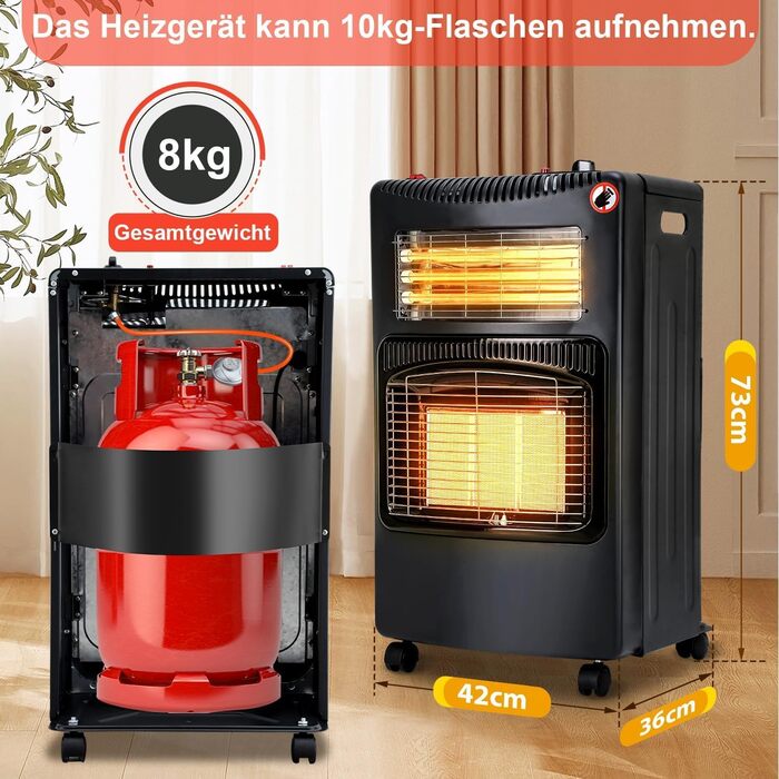 Газовий та електричний обігрівач 4200 Вт гібридний з газовим регулятором | для використання в приміщенні та на вулиці (газовий обігрівач тільки на вулиці) | підходить для балонів бутан/пропан до 11 кг | з підключенням до електромережі