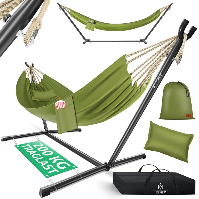 Гамак KESSER® Lake з каркасом для 2 осіб, 200 кг, для дому та саду, XXL, з подушкою, бежевий