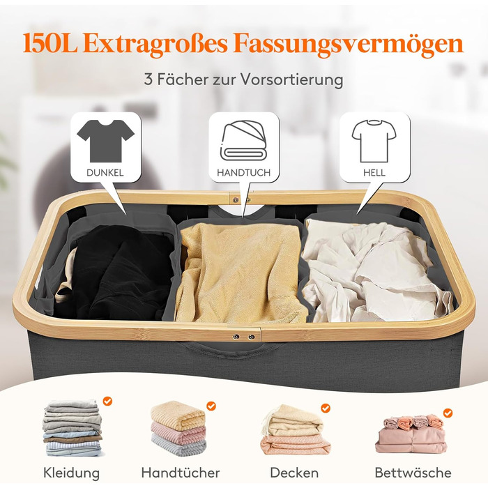Кошик для білизни Lifewit 150L з кришкою, сортувальник для білизни з 3 відділеннями, велика коробка для білизни, сірий