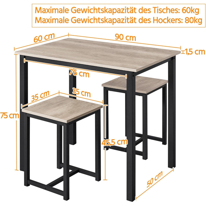 Набір барних столів Yaheetech з 2 стільцями, 90x60см, промисловий дизайн, вінтаж коричнево-чорний, сірий