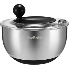 Салатниця-центрифуга 5L з нержавіючої сталі, чорна, з кнопкою стоп, BPA-Free, з прозорою кришкою та дренажним отвором, з протиковзким дном, придатна для миття в посудомийній машині