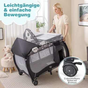 Дитяче ліжко-манежа DREAMADE 102x72 см, 3 в 1: ліжко, манежа, бебі-центр з матрацом, колесами, москітною сіткою та пеленальним столиком для новонароджених та дітей 0-36 місяців (сірий)