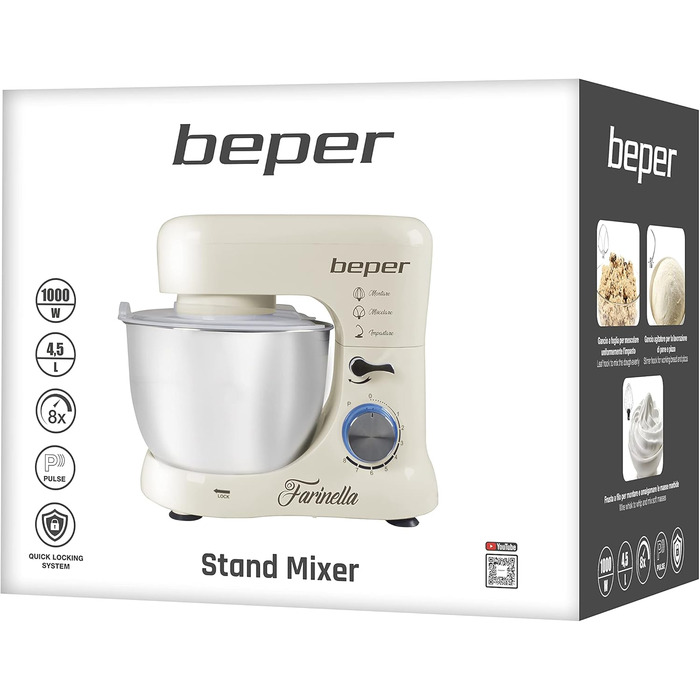Міксер планетарний BEPER BP.200, 1000 Вт, 4.5 л, нержавіюча сталь, для замішування, подрібнення, приготування тіста, кремового кольору