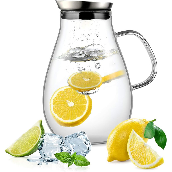 Скляна джезва для води з боросилікатного скла, 2 л, з нержавіючою кришкою