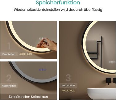 Дзеркало для ванної кімнати EMKE з підсвічуванням, діаметр 50 см, чорний каркас, регульована яскравість, 3 кольори світла, антизапар, сенсорне керування, функція пам'яті