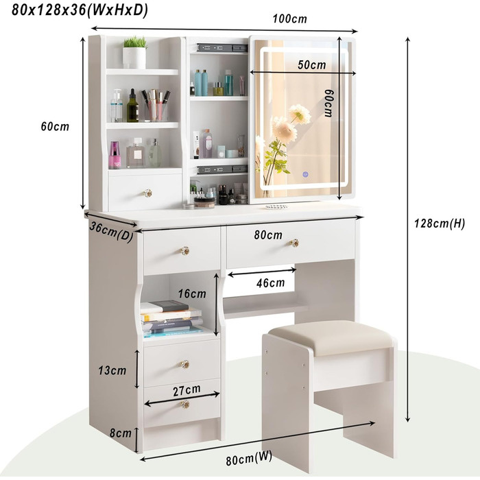Дзеркальний туалетний столик DATO з LED-підсвічуванням, 3 колірні температури та регулюванням яскравості, з пуфом, 5 шухляд та 3 полиці, з розсувним дзеркалом (T68)